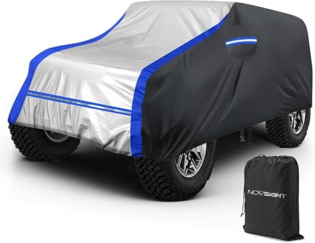NOVSIGHT Car Cover for Jeep Wrangler 4 Door 20072025 JK JKU JLU, 6-Layer Heavy Duty Waterproof All Weather Cover, Windproof 60 MPH Straps, Soft Lining, UV Protection, Outdoor Full Body Protection