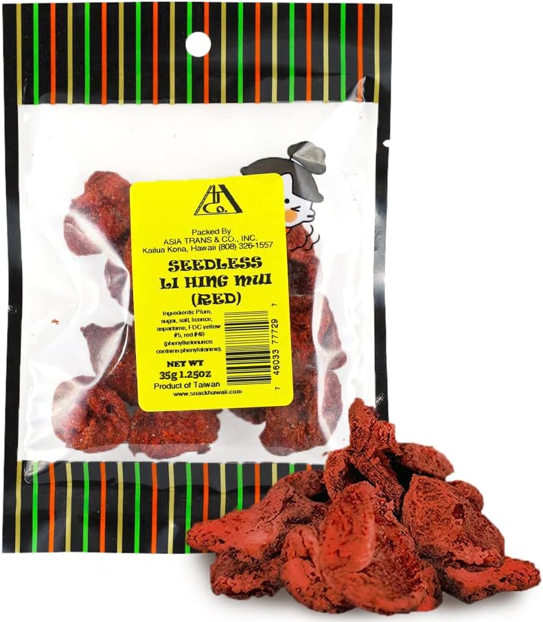 Seedless Red Li Hing Mui Crack Seed Plums | Hawaiian Favorite | Sweet, Sour, & Salty Dried Asian Plum Candy | 1.25 Ounce