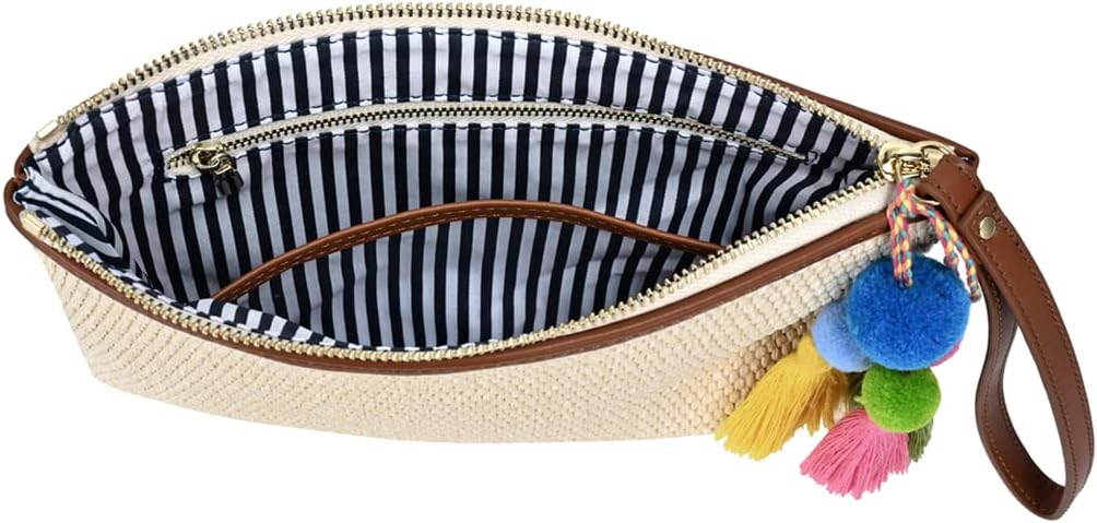 Luxury Straw Wristlet Pouch Beach Clutch Bag Small Summer Vacation Purse w. Colorful Pom Poms Tassels for Women - Image 2