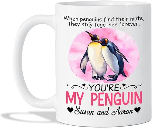 Miniatura 1 de Taza de cerámica personalizada para parejas de pingüinos, tazas de pingüino, tazas de té de pingüino con nombres personalizados, regalos para