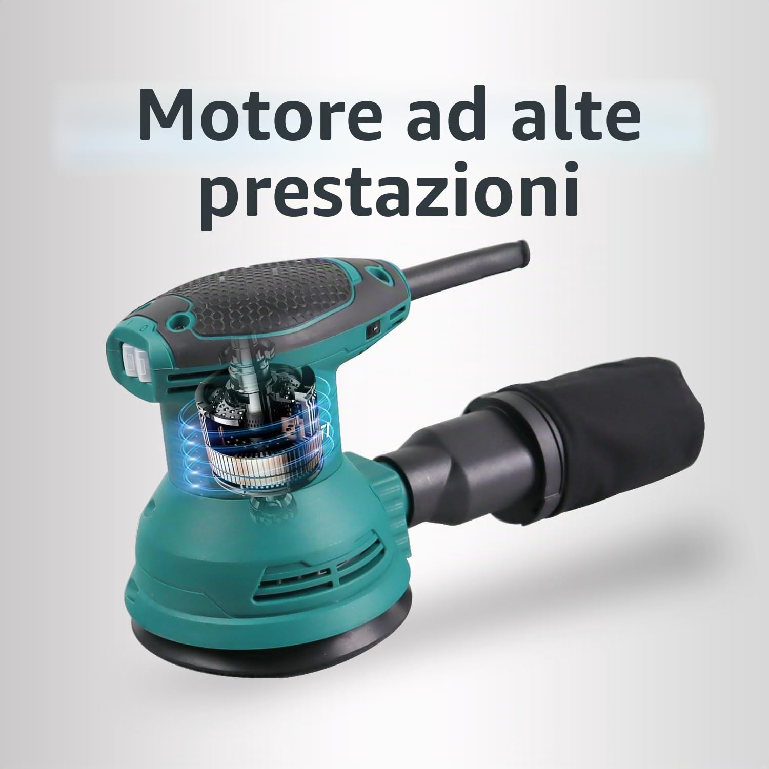 DNT Levigatrice eccentrica 380 W, 125 mm, 6 velocità strumento elettrico professionale, nero e turchese Levigatrice Orbitale per Legno per la levigatura del legno