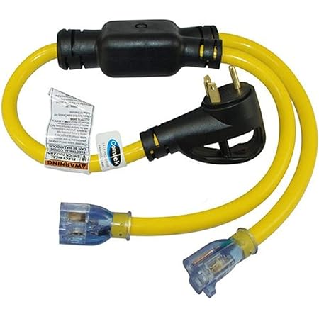 Conntek 14960 RV 3-Feet Y Cable Adapter RV 30A Plug to (2) U.S 3 Prong Connector(15/20A) with Light Indicator