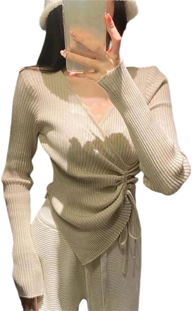 Women's V-Ne Pullover Sweater Long Slim Fit Base Layer Inner Knitted Wear Solid Pullover Top