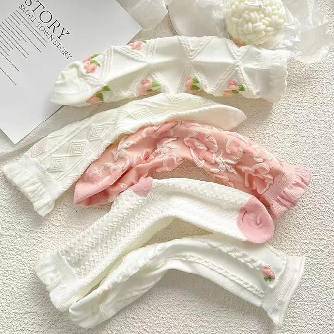 Image of 4 /5 Pack Cute Womens Floral Socks, Cotton Vintage Embroidered Casual Crew Socks, Girly Cottagecore Tulip Dress Socks