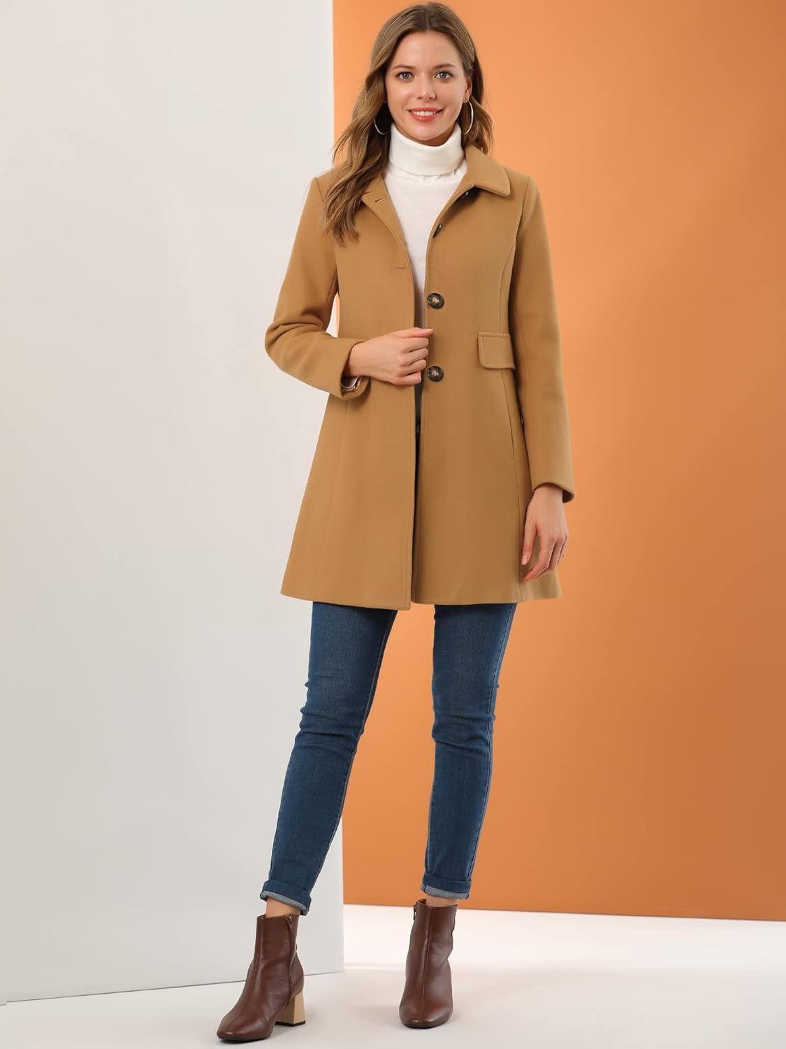 Allegra K Women's 2025 Coat Winter Classic Vintage Mid-Length Lapel Collar Single Breasted Overcoat - Image 2