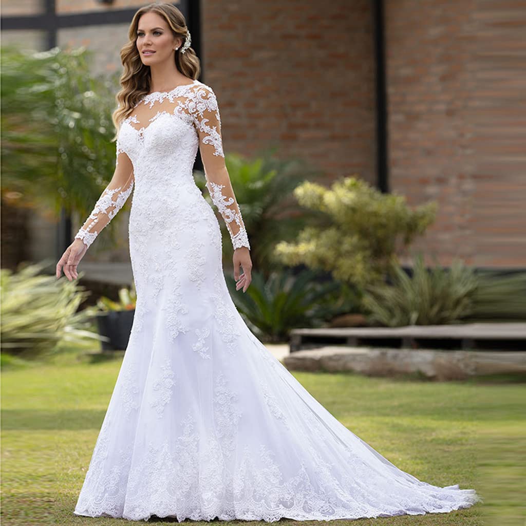 Vestido de Novia de Manga Larga con Cuello en V Elegante Vestido de Novia de Encaje de Tul