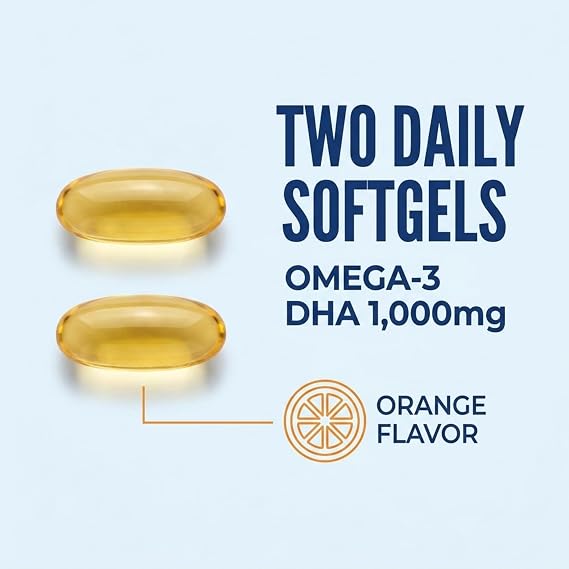 Oceanblue Essentials Brain Fuel Omega-3 DHA High Potency EPA DHA Omega 3 Supplement for Brain & Eye Support Burpless Wild Caught Fish Oil Orange Flavor, 60 Softgels (30 Servings)