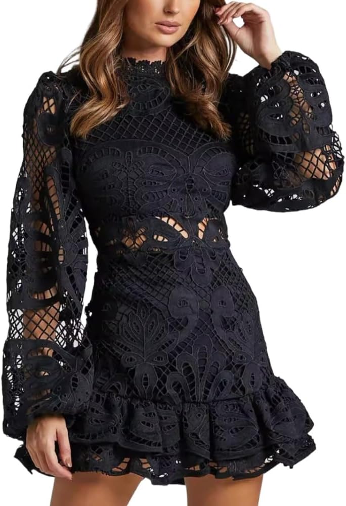 Women's Mandarin Collar Lantern Sleeve Cinched Waist Short Dress A Line Ruffled Lace Cutout Vintage Elegant