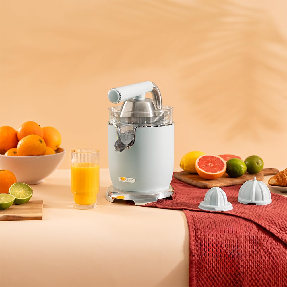 Cecotec Elektro-Zitruspresse - Orangen und Zitrusfrüchte - Xqueeze RetroJuice 1000 Blue. 1000W, Edelstahlfilter, 2 abnehmbare Konen in unterschiedlichen Größen, Hebel und Tropfstopp-System