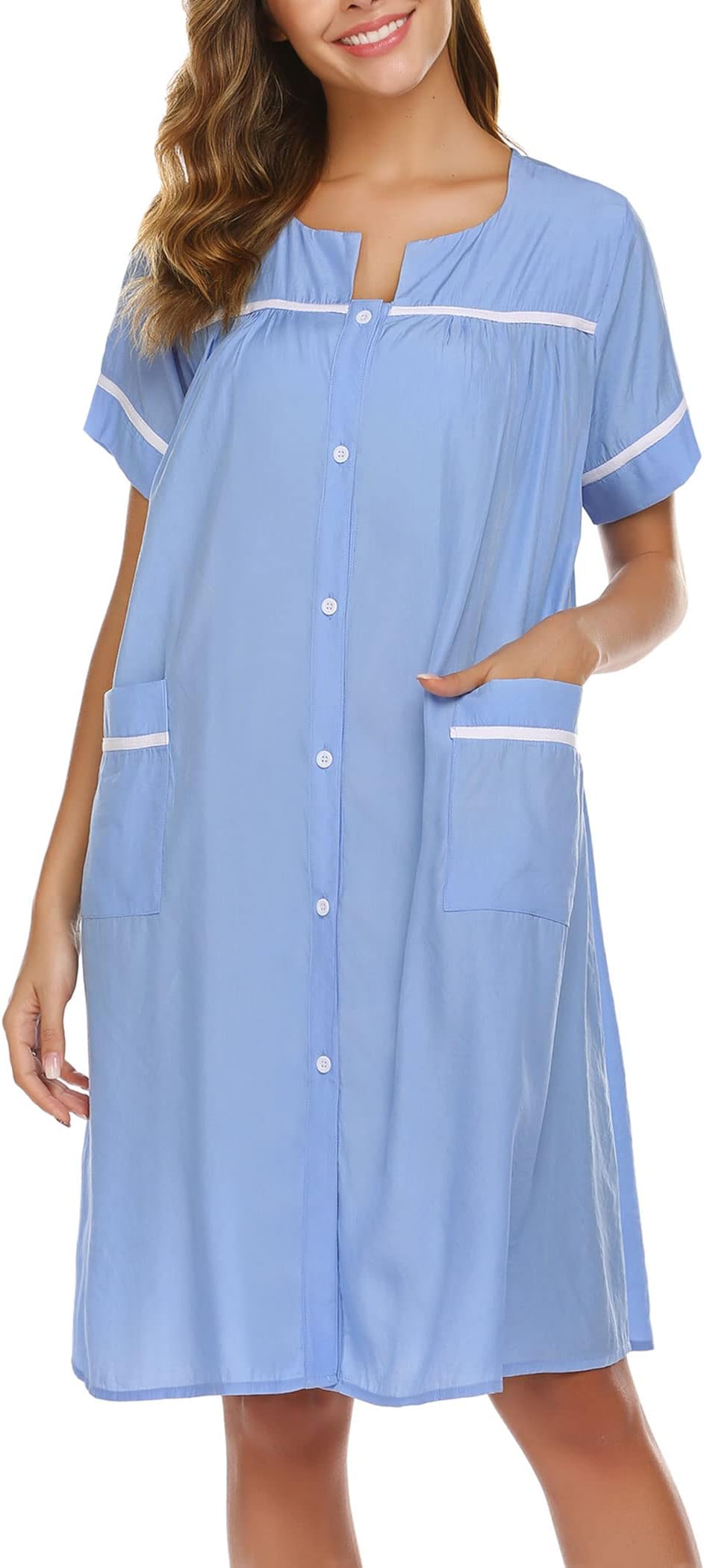 Sleepwear Womens Duster Robe Button Down House Dress Short Sleeve Cotton House Coat Nightgown S-XXL (Clear Blue, XX-Large)