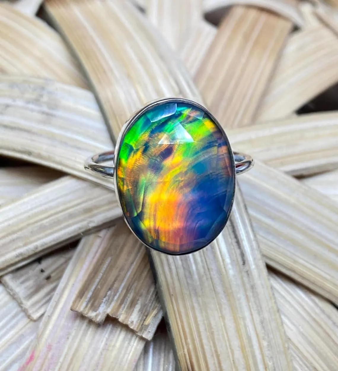 Stunning Aurora Opal 92.5 Sterling Silver Ring - Handmade Women's Jewelry, Rainbow Power Stone, Perfect Christmas & Thanksgiving Gift for Her, Elegant Statement Piece