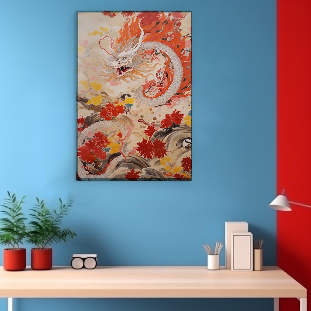 Canvas for Living room. Unleashing Elegance in Flames: A Vivid Dance of Fire-Breathing Dragon Amidst Japanese Florals, 27 x 18 inch Canvas Wall Art - Contemporary Masterpieces - Zen Wall Decor