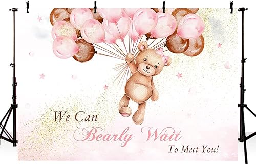 Miniatura 2 de MEHOFOND Telón de fondo para baby shower con texto en inglés "We Can Bearly Wait to Meet You" de 10 x 7 pies, globos rosas y marrones, purpurina
