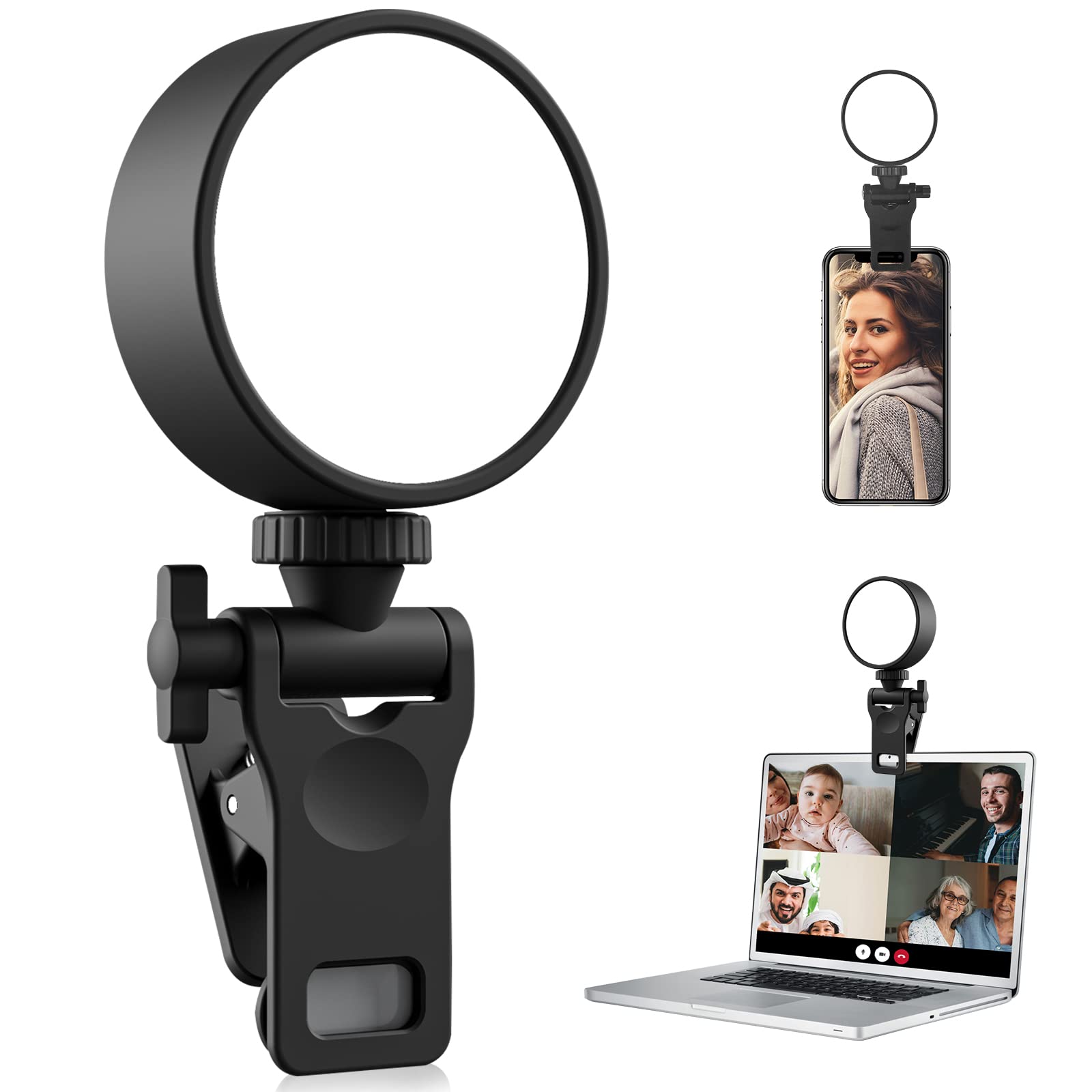 GUSETAR 60 LED Selfie Light Rechargeable Phone Ring Light with Adjustable 3 Light Modes, Portable Clip-on Selfie Light for iPhone, Phone, Laptop, Camera, Selfie, Zoom Calls, Video Conference (Black)