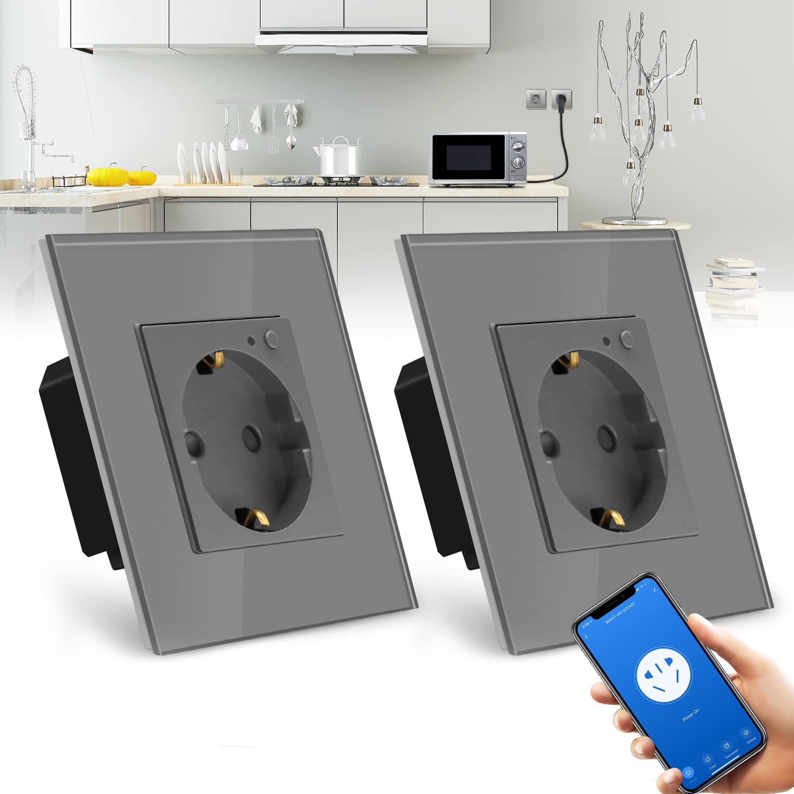 BSEED BSEED Enchufe Pared WiFi,Schuko Enchufe inteligente Compatible con Alexa y Google Home,Control de APP y Función de Temporizador,protección de contacto,16A Gris-2 Paquete