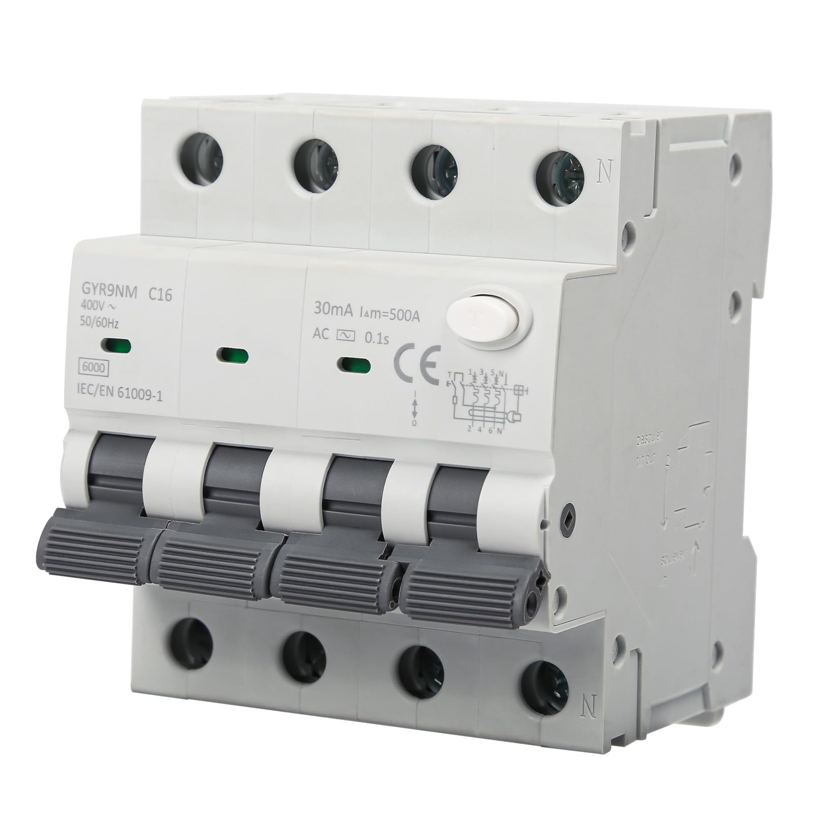 Fehlerstromschutzschalter Fi Schutzschalter 16A 30MA 3P+N Fi Schalter RCBO 6KA MCB Fehlerstrom Schutzschalter AC 400V mit Ableitstromschutz Überlast und Kurzschlussschutz, DIN Schienenmontage.