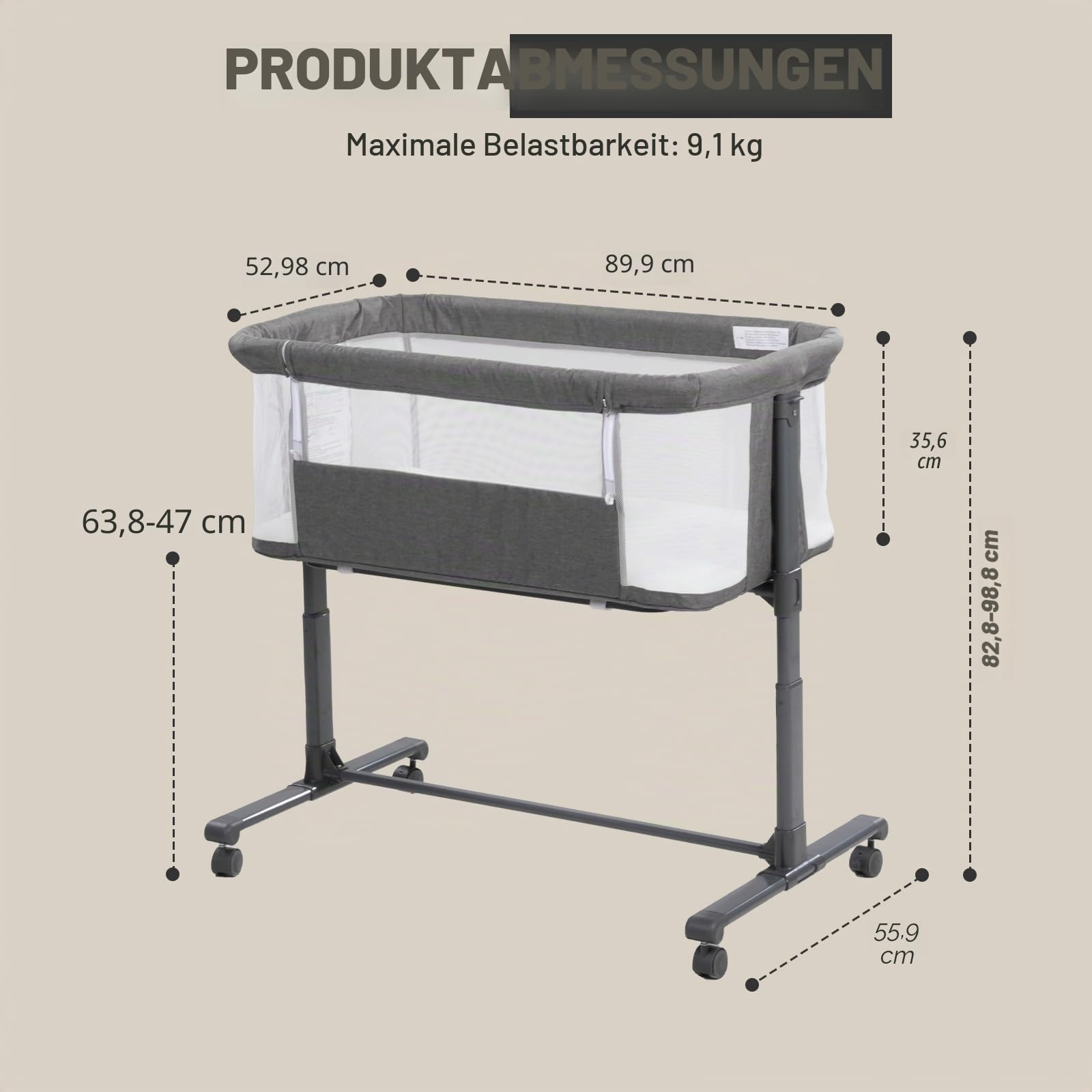 3 in 1 Babybett, Baby Wiege, Baby Stubenwagen, Babybettchen, Beistellbett, Reisebett Tragbares Kinderbett (grau)