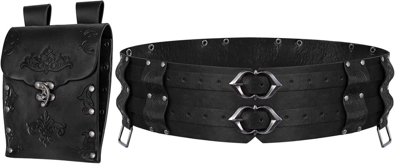 Men Medieval Viking Faux Leather Wide Girdle&Renaissance Belt Pouch Set for Cosplay, Halloween Costume Accessories