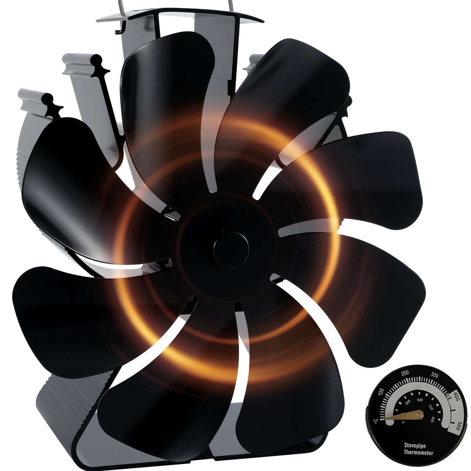 Ventilador de estufa de leña de 8 aspas con termómetro, quemador de leña alimentado por calor, ventilador de chimenea con base triangular, ventiladores de fuego para chimenea, quemador de