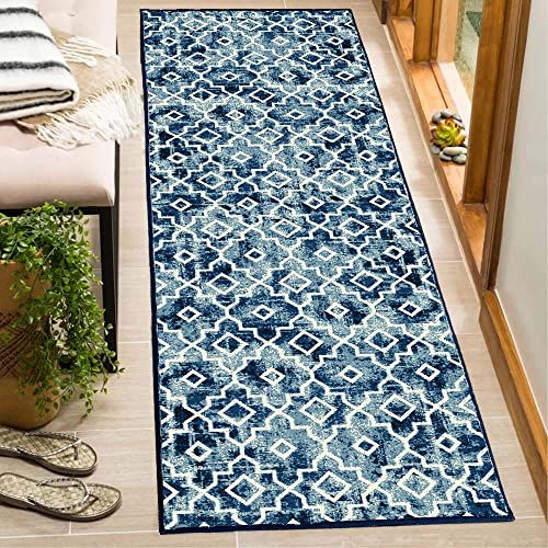Moroccan Hallway Runner Rug,2'X 6' Distressed Washable Area Rug Peacock Blue Non-Slip Kitchen Mat Faux Wool Low-Pile Floor Carpet For Kitchen Laundry Bedroom Bathroom Living Room #TOP19