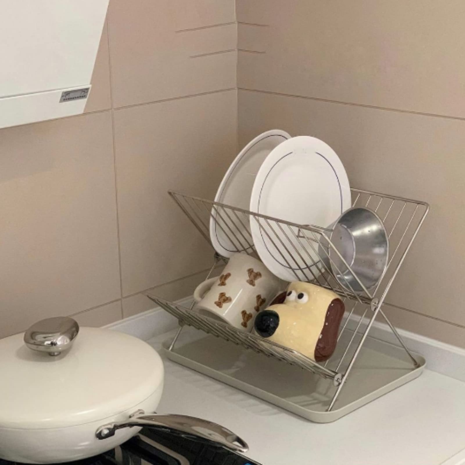 Scolapiatti Pieghevole in Acciaio Inossidabile a 2 Livelli di plplaaoo, con Vassoio Raccogligocce, Ideale per Stoviglie, Scolapiatti Pieghevole per Lavello della Cucina, Piano di Lavoro
