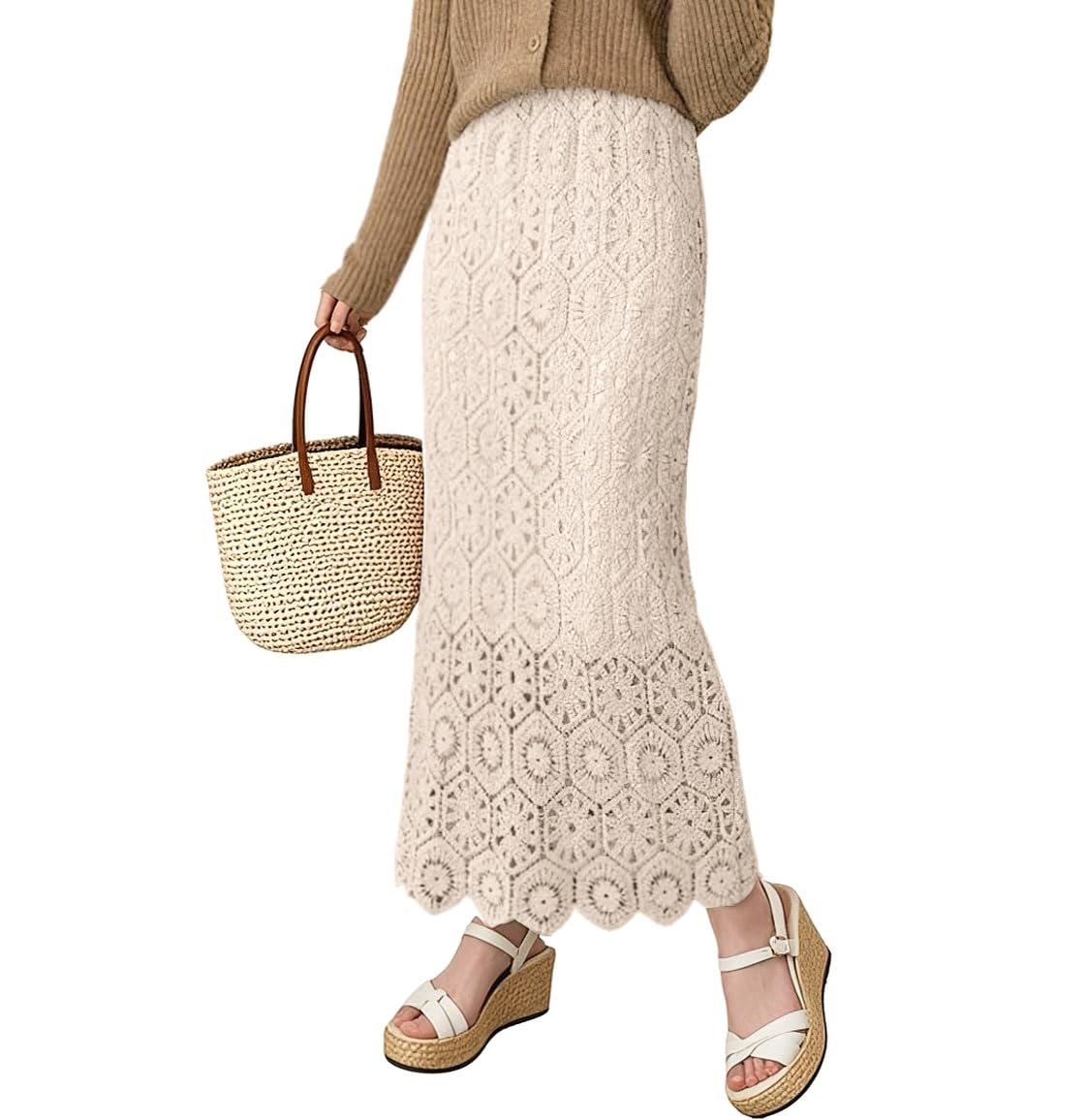 chouyatou Womens Bodycon Floral Embroidered Knit Skirt Lace Crochet Eyelet Pencil Flared Midi Skirt