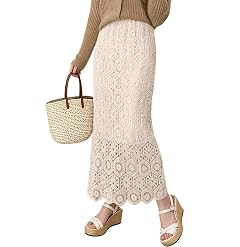chouyatou Womens Bodycon Floral Embroidered Knit Skirt Lace Crochet Eyelet Pencil Flared Midi Skirt