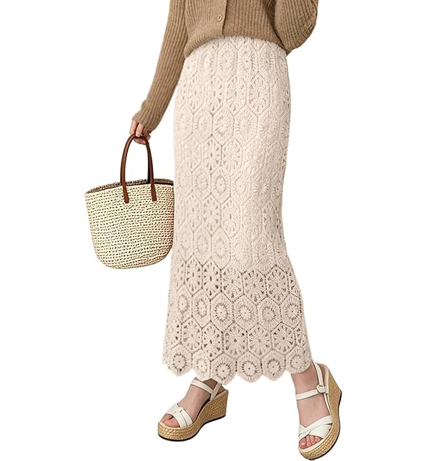 chouyatou Womens Bodycon Floral Embroidered Knit Skirt Lace Crochet Eyelet Pencil Flared Midi Skirt