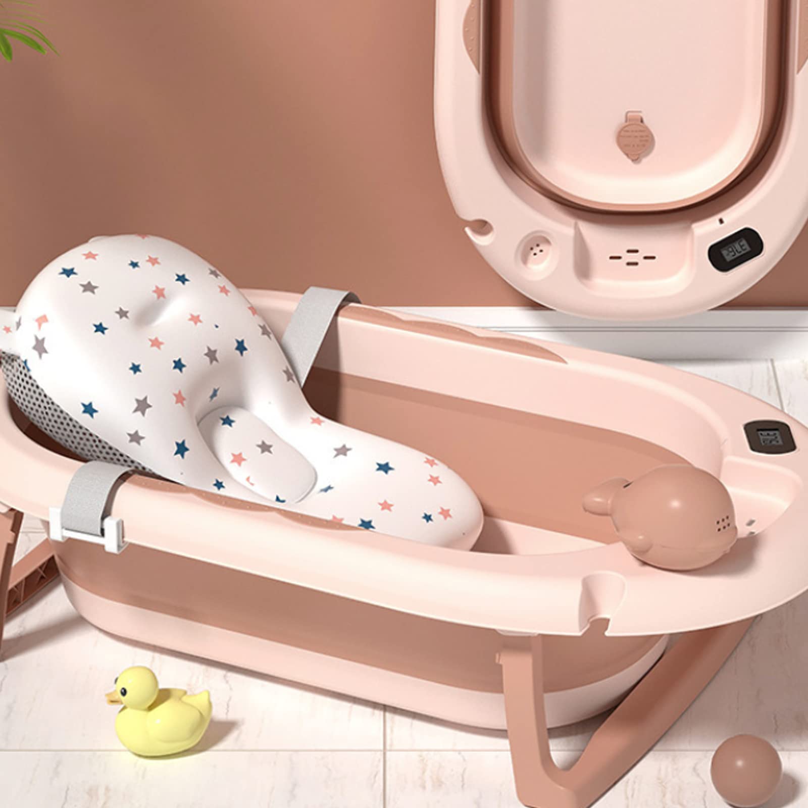 Foldable Temperature Sensing Bathtub with Baby Cushion & Toys, Stable and Anti Slip Sitting Lying Large Safe Multifunctional Bathtub with Drain Hole for Newborn Kids Child Toddlers (Pink)