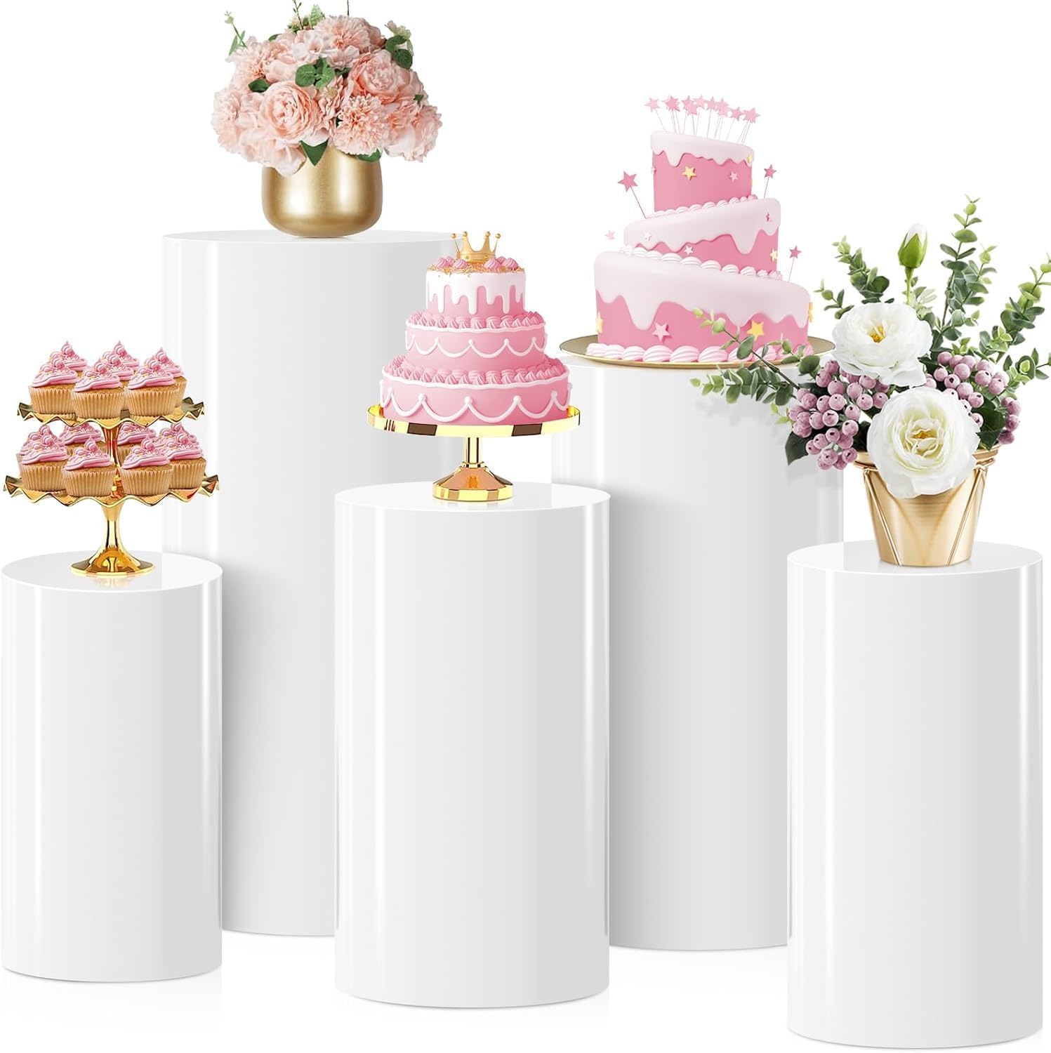 Supporto per piedistallo cilindrico da 3 pezzi, sfondo per torte bianche, per decorazioni per matrimoni, feste, compleanni, decorazioni per eventi  15