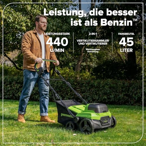 Greenworks Escarificador Aireador Césped 48V (24V x2) Brushless 2-en-1, Ancho 38 cm, 5 Niveles Altura, Bolsa 45L, Manillar Plegable, Herramienta Jardín Inalámbrica, Sin Batería GD2X24SC38II