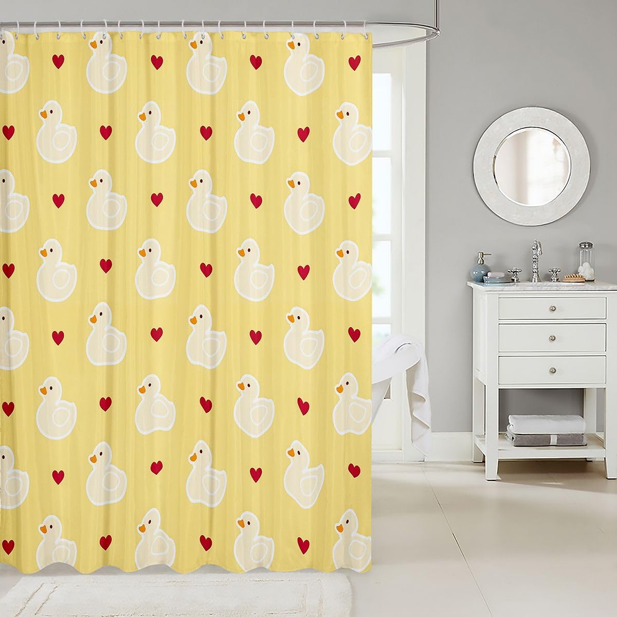 Erosebridal Cartoon Cute Ducks Shower Curtain Set Red Love Heart Bath Curtain 72" Wx72 L,Kawaii Watercolor Duck Girls Gift Ducky Bathroom Accessories for Men & Women image 2