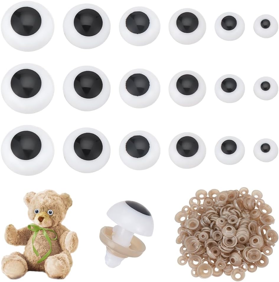 PH PandaHall 150 Sets Safety Eyes 6 Sizes Crochet Eyes White Stuffed Animal Eye Plastic Round Craft Eye with Washers for Amigurumi Puppet Teddy Bear Crochet Plush Animals, 14/14.5/16.5/17/18.5/19.5mm