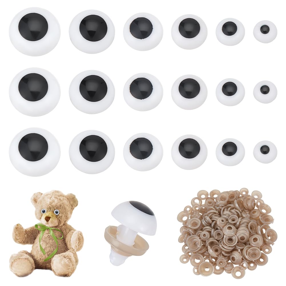 PH PandaHall 150 Sets Safety Eyes 6 Sizes Crochet Eyes White Stuffed Animal Eye Plastic Round Eye with Washers for Amigurumi Puppet Teddy Bear Crochet Plush Animals, 14/14.5/16.5/17/18.5/19.5mm