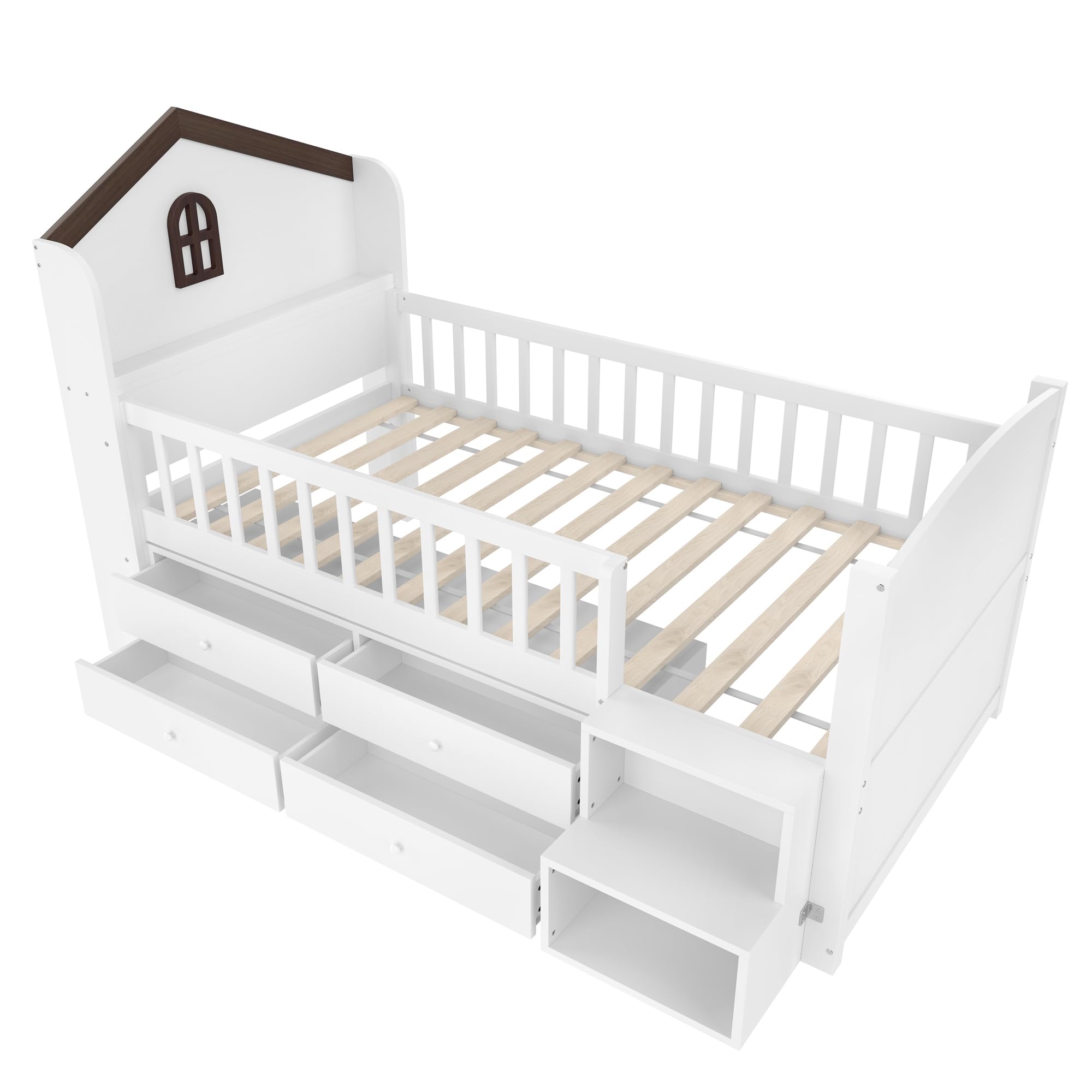 Mrwoo Kinderbett 90x200 cm mit LED-Lichtleiste und 4 Schubladen, Holzbett mit Hausform und Fenster, Stauraumbett mit Treppe Stauraum, Halbhohes Bett, Weiß(Ohne Matratze)