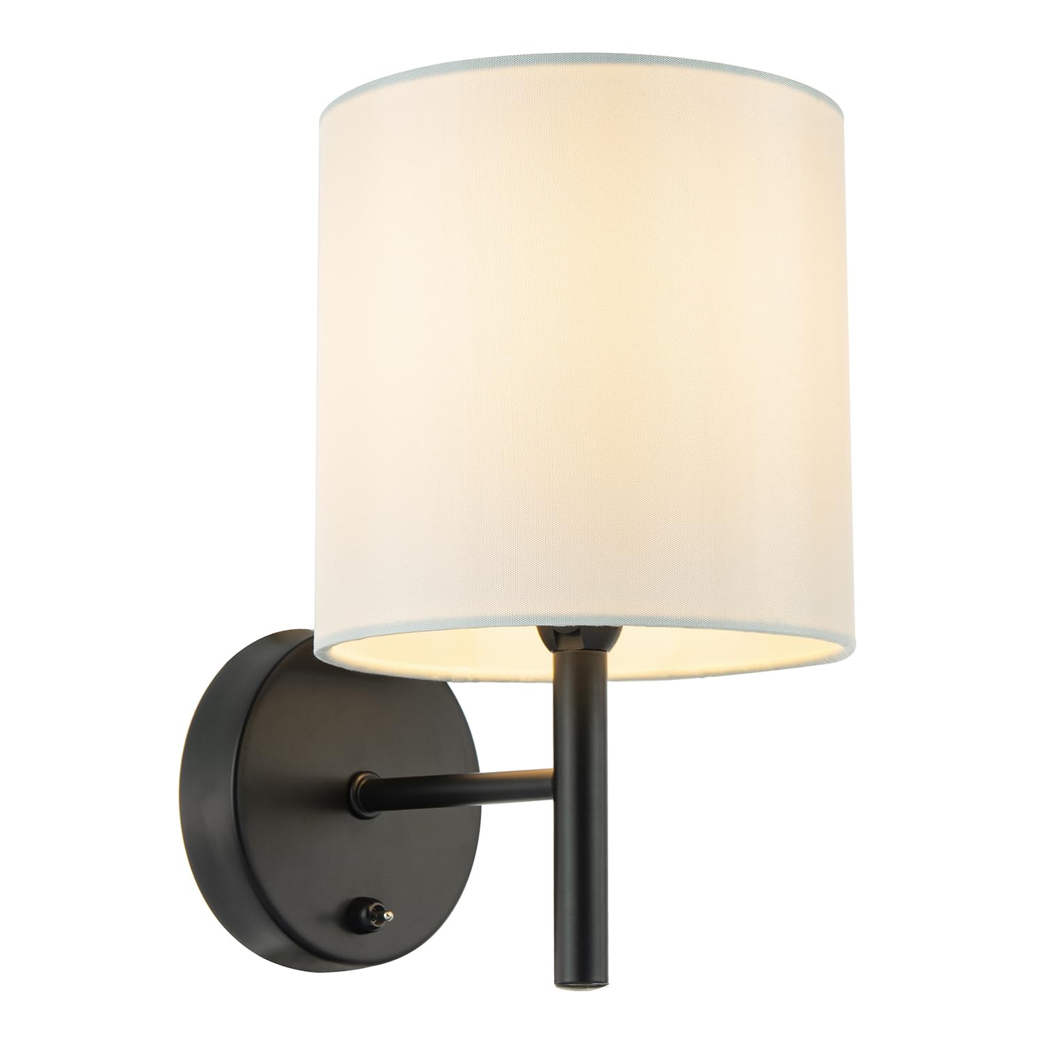 Happy Homewares Black Contemporary Bedside Wall Lamp In Matte With Toggle Switch And Off White Fabric Shade | 24Cm X 15Cm X 10Cm | 1 X 7W E14