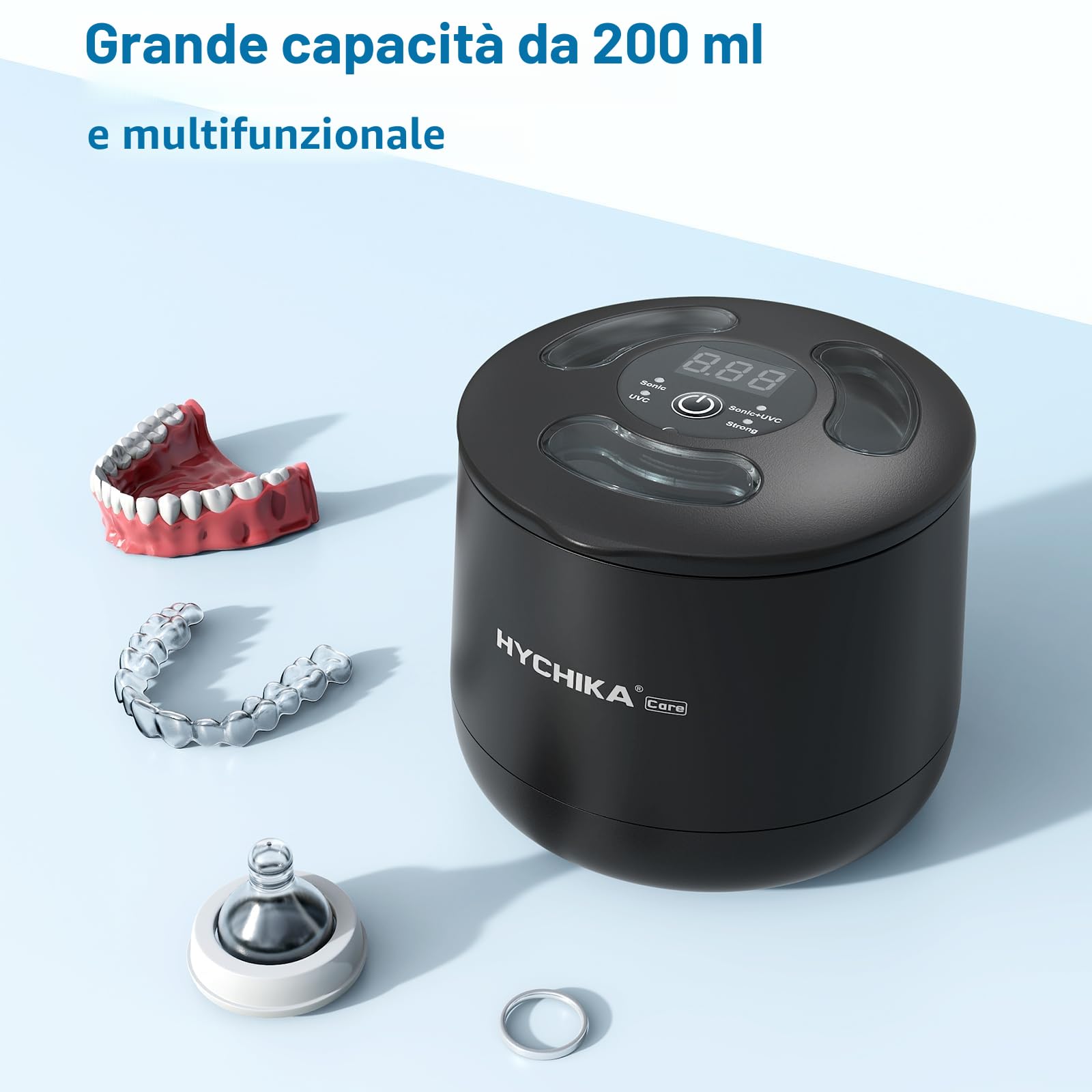 Pulitore Ultrasuoni Apparecchio Denti con Sterilizzatore UV,Alta Frequenza a 45 kHz Clean Pod,4 Modalità per Apparecchi Ortodontici, Bite Notturni, Allineatori ecc.,200 ml,Nero