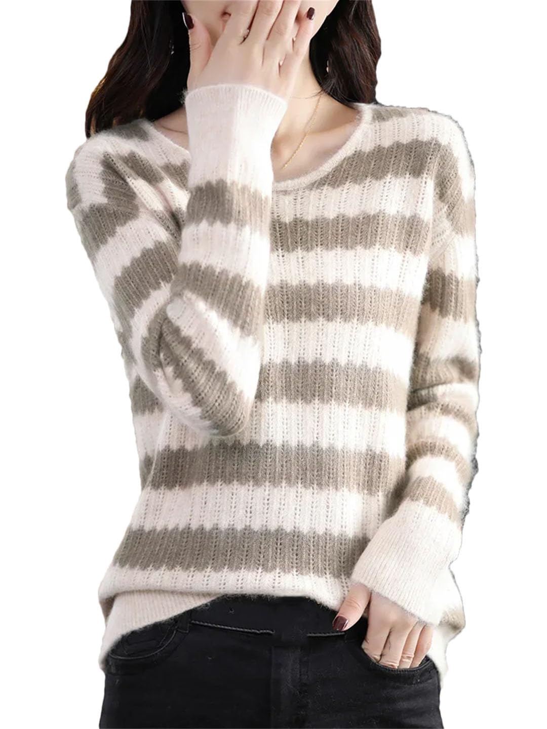 Vogrtcc Maglione Lavorato A Maglia in Cashmere da Donna Autunno Inverno O-Collo Top Warm Strip Pullover Casual