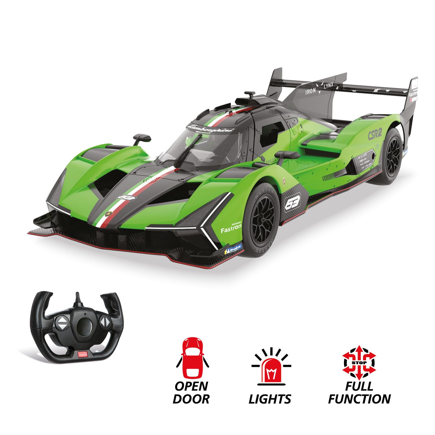 Mondo Motors Lamborghini SC 63 Le Mans, Modelo en Escala 1:14, hasta 10 Km/h de Velocidad, Coche de Juguete 63837, Color Verde