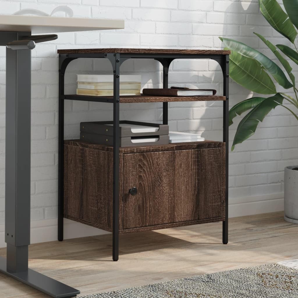 Druckertisch Braun Eichen-Optik mit 3 Ablagen, Druckerständer Büro 50x40x76 cm, Druckerregal aus Holzwerkstoff und Stahlrahmen, 4 Rollen mit 2 Bremsen, multifunktional