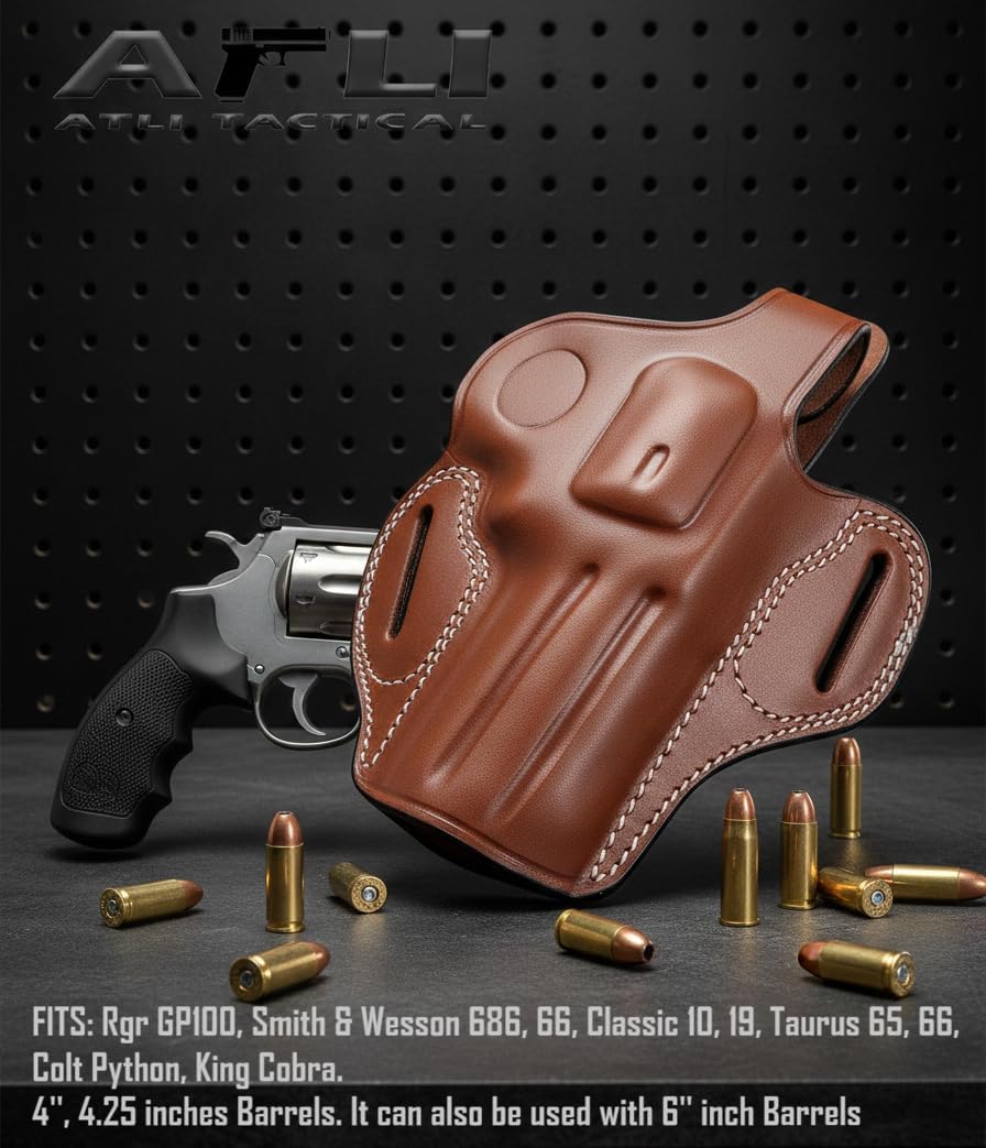 Leather OWB K/L Frame Holster - GP100 Leather Holster - for Rgr GP100, Smith & Wesson 686 66, 10 19 Classic, Taurus 65 66, Colt Python, King Cobra Pistols - 357 Magnum 4 inch Barrel Holsters