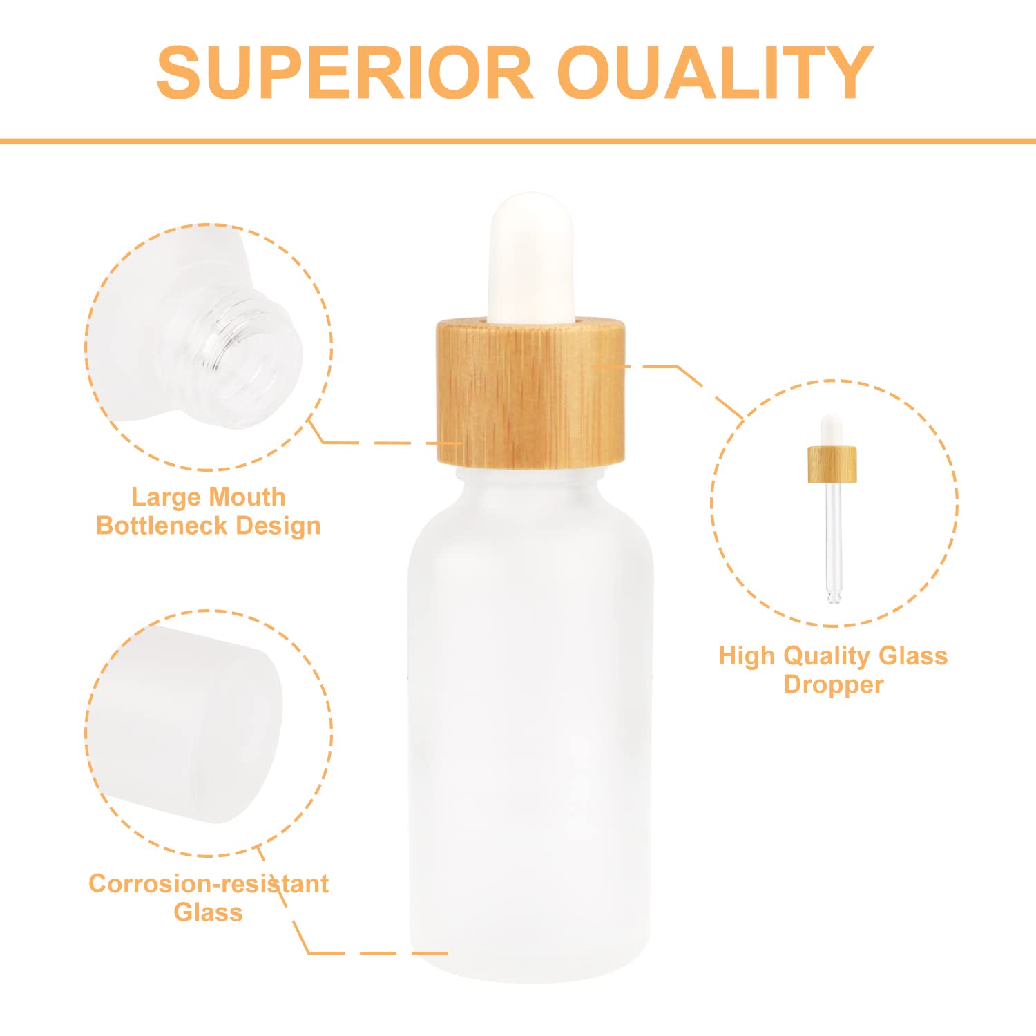 Frosted Glass Dropper Bottle, Refillable Glass Essential Oils Bottles With Eye Dropper&Bamboo Lids White Rubber Head Travel Cosmetic Storage Container Pot Holder,5pcs (30ML)