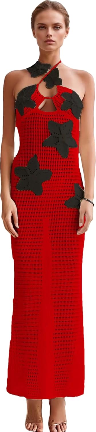 RanRui Women's Halter 3D Flower Knitted Hollow Out Beach Dress balckless Open Back Swimsuit Cover up Holiday Party Dress