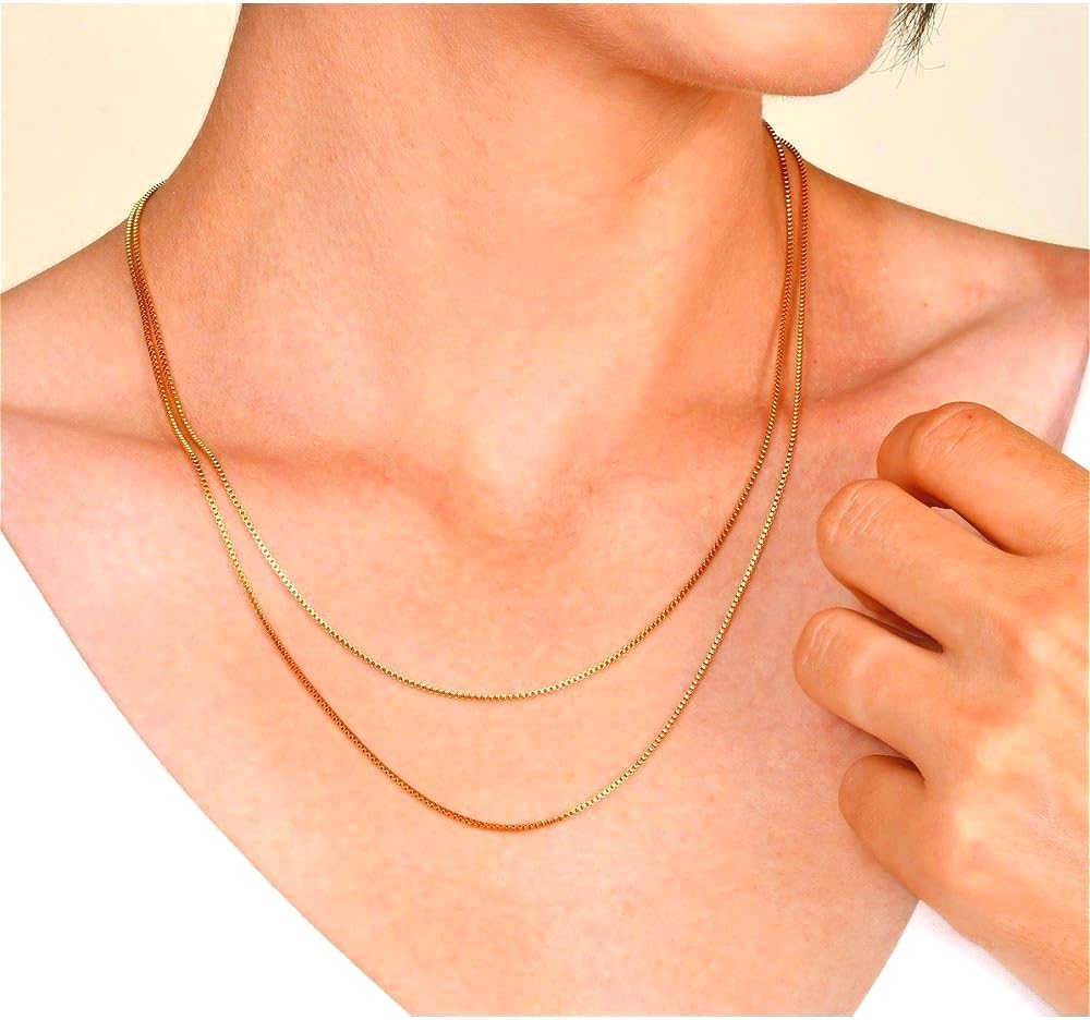 14K Solid Yellow Gold Box Chain Necklace for Women, 0.6mm & 1mm, Length 16-30 Inches