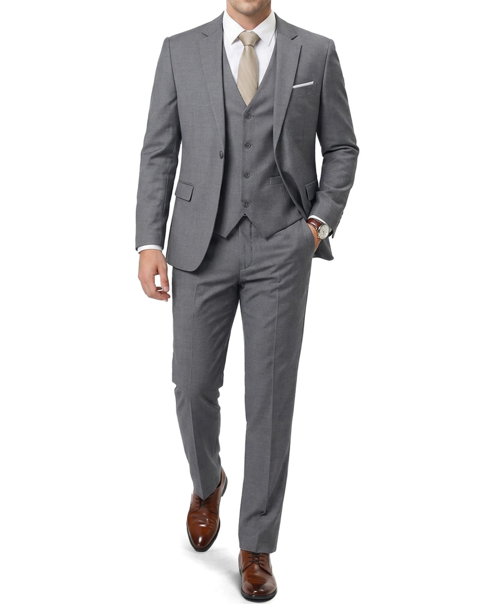 Men’s 3 Piece Suit Blazer, Slim Fit Tux with One Button, Jacket Vest Pants & Tie Set for Party, Wedding and Business