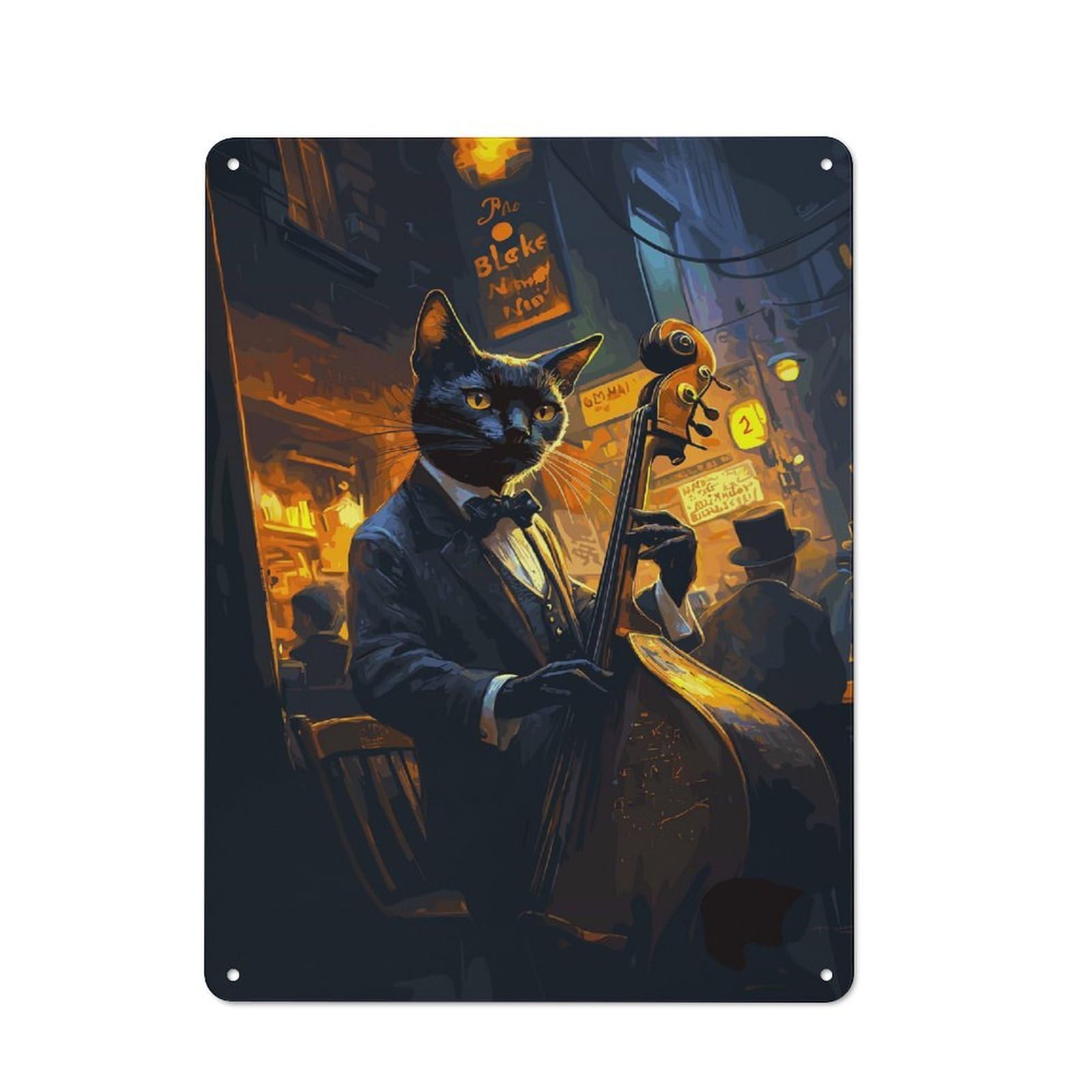 Junmoney Cat Jazz Musician Tin Wall Plaque 40X30cm With For Guest Room Or Hallway, For Hallway Wall Decor Fans