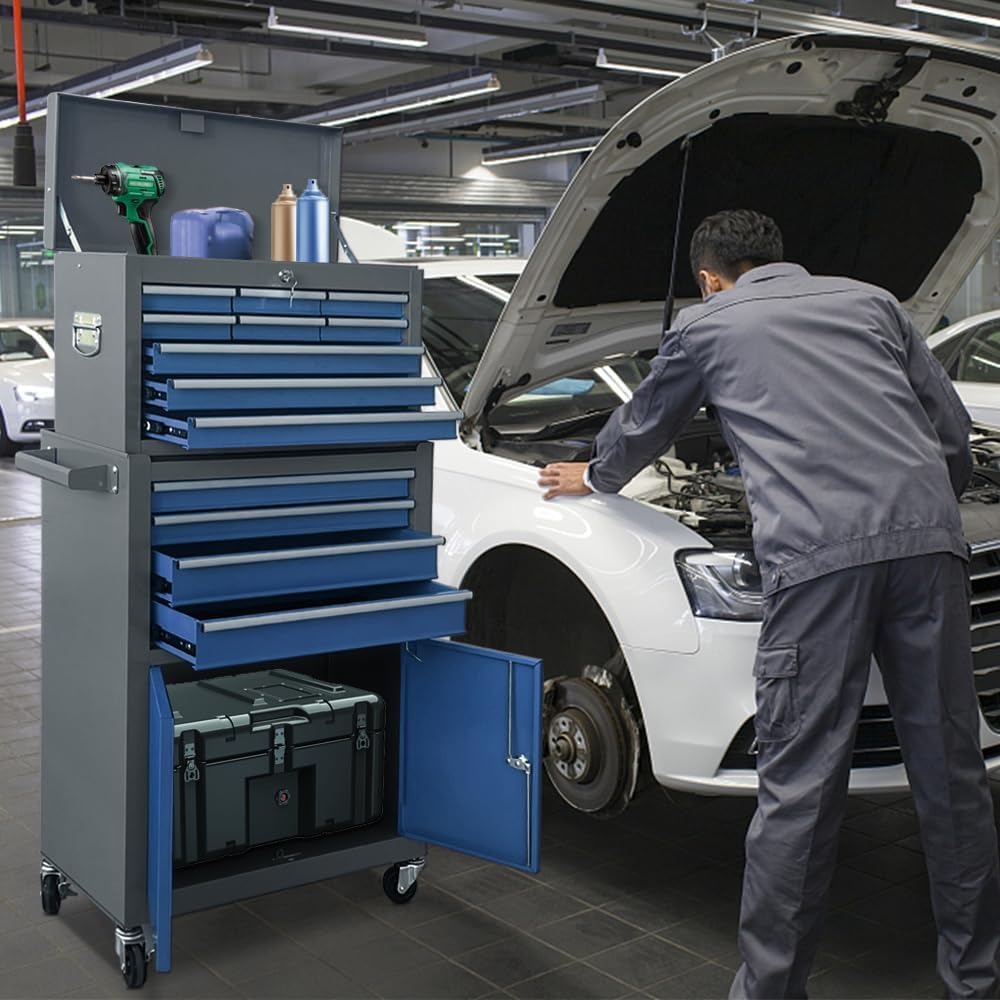 13-Drawer Tool Chest with Double Door Handle,2 in 1 Detachable Rolling Tool Chests with Wheels and Drawers,Large Tool Box with Lock,Mobile Steel Tool Cabinet Storage (Gray&Blue)