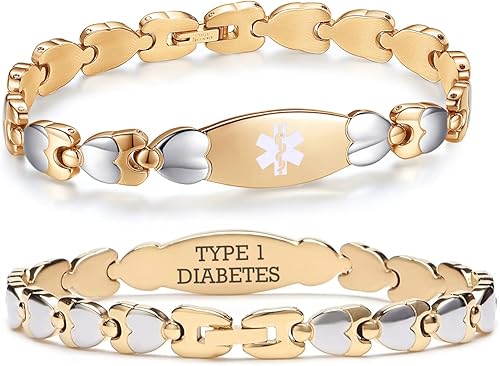 LinnaLove Pulsera de identificación médica de doble corazón para mujeres 7 12 pulgadas de acero inoxidable de moda pulseras de alerta médica