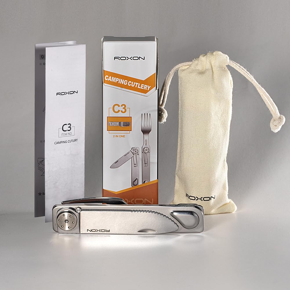 Roxon C3 Couverts de camping, 2 en 1, outil EDC | détachable avec fourchette et couteau pour le plein air le camping, la randonnée, vaisselle facile à transporter