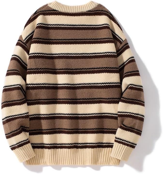 Men's Casual Knitted Sweater Loose Striped Round Neck